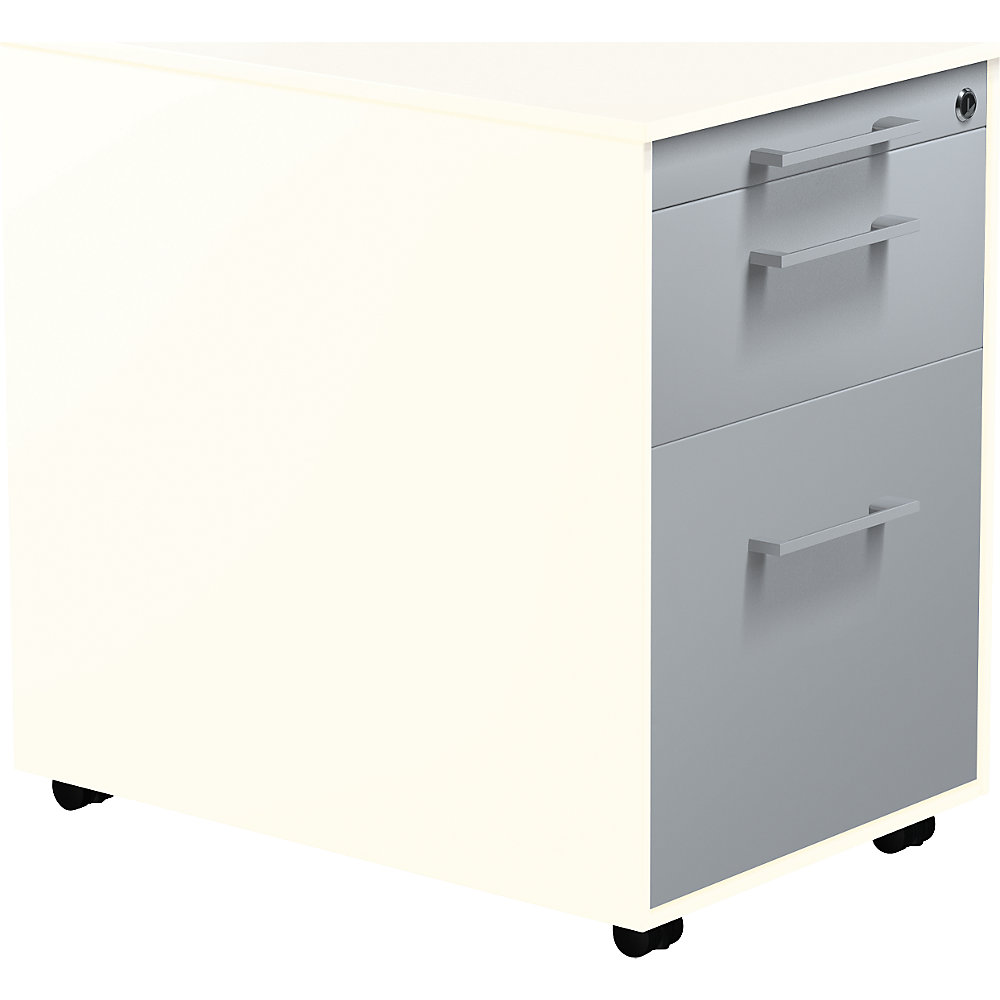 Mauser Verrijdbaar ladeblok, h x d = 570 x 600 mm, 1 materiaallade, 1 hangmappenlade, zuiver wit / blank aluminiumkleurig / zuiver wit