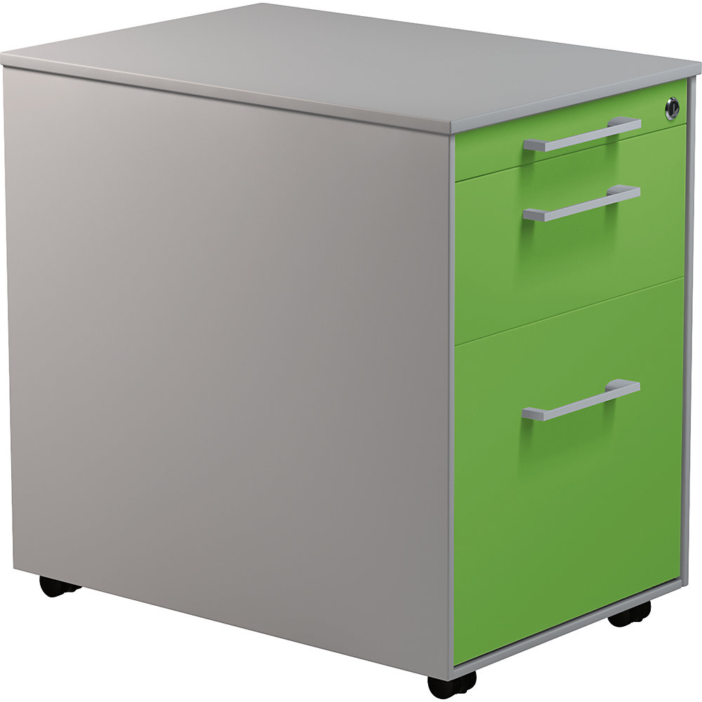 Mauser Verrijdbaar ladeblok, h x d = 570 x 600 mm, 1 materiaallade, 1 hangmappenlade, blank aluminiumkleurig / geelgroen / blank aluminiumkleurig