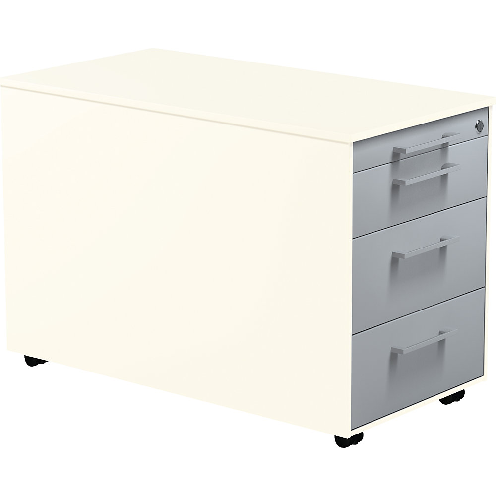 Mauser Verrijdbaar ladeblok, h x d = 520 x 800 mm, 3 materiaalladen, zuiver wit / blank aluminiumkleurig / zuiver wit