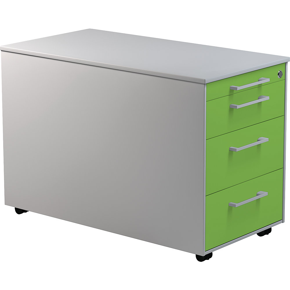 Mauser Verrijdbaar ladeblok, h x d = 520 x 800 mm, 3 materiaalladen, blank aluminiumkleurig / geelgroen / blank aluminiumkleurig