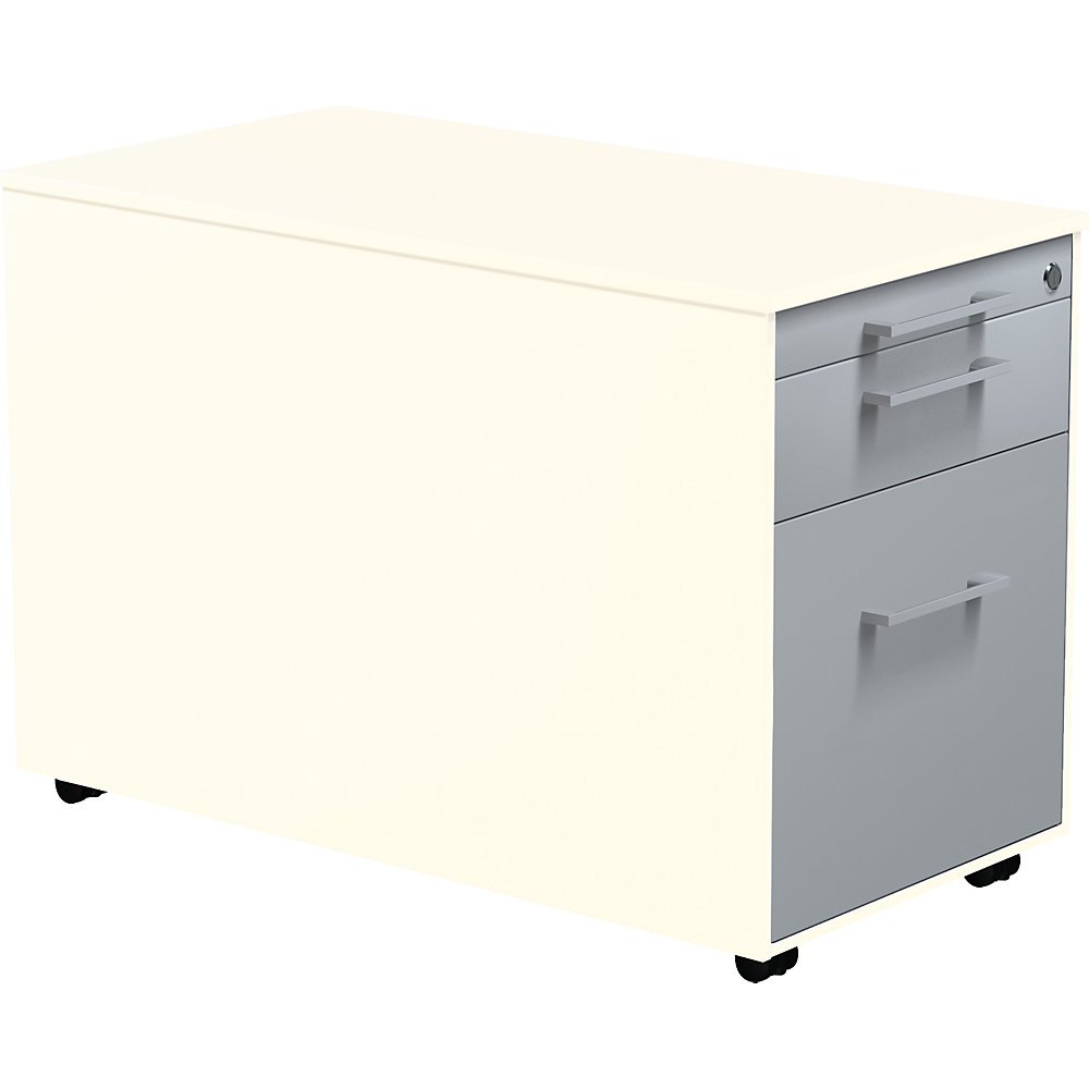 Mauser Verrijdbaar ladeblok, h x d = 520 x 800 mm, 1 materiaallade, 1 hangmappenlade, zuiver wit / blank aluminiumkleurig / zuiver wit