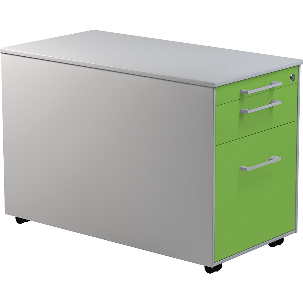Mauser Verrijdbaar ladeblok, h x d = 520 x 800 mm, 1 materiaallade, 1 hangmappenlade, blank aluminiumkleurig / geelgroen / blank aluminiumkleurig