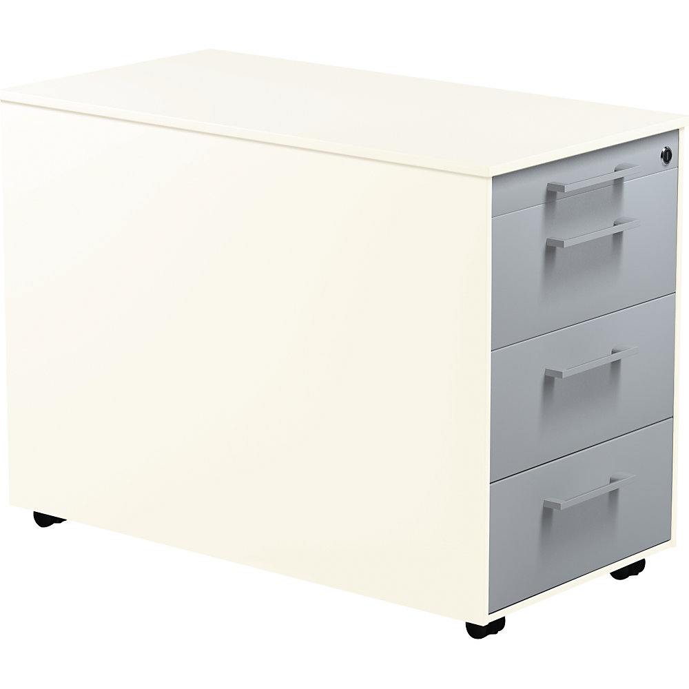 Mauser Verrijdbaar ladeblok, h x d = 570 x 800 mm, 3 laden, zuiver wit / blank aluminiumkleurig / zuiver wit