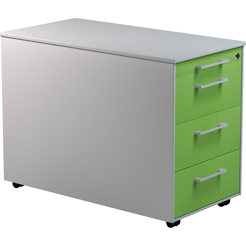 Mauser Verrijdbaar ladeblok, h x d = 570 x 800 mm, 3 laden, blank aluminiumkleurig / geelgroen / blank aluminiumkleurig