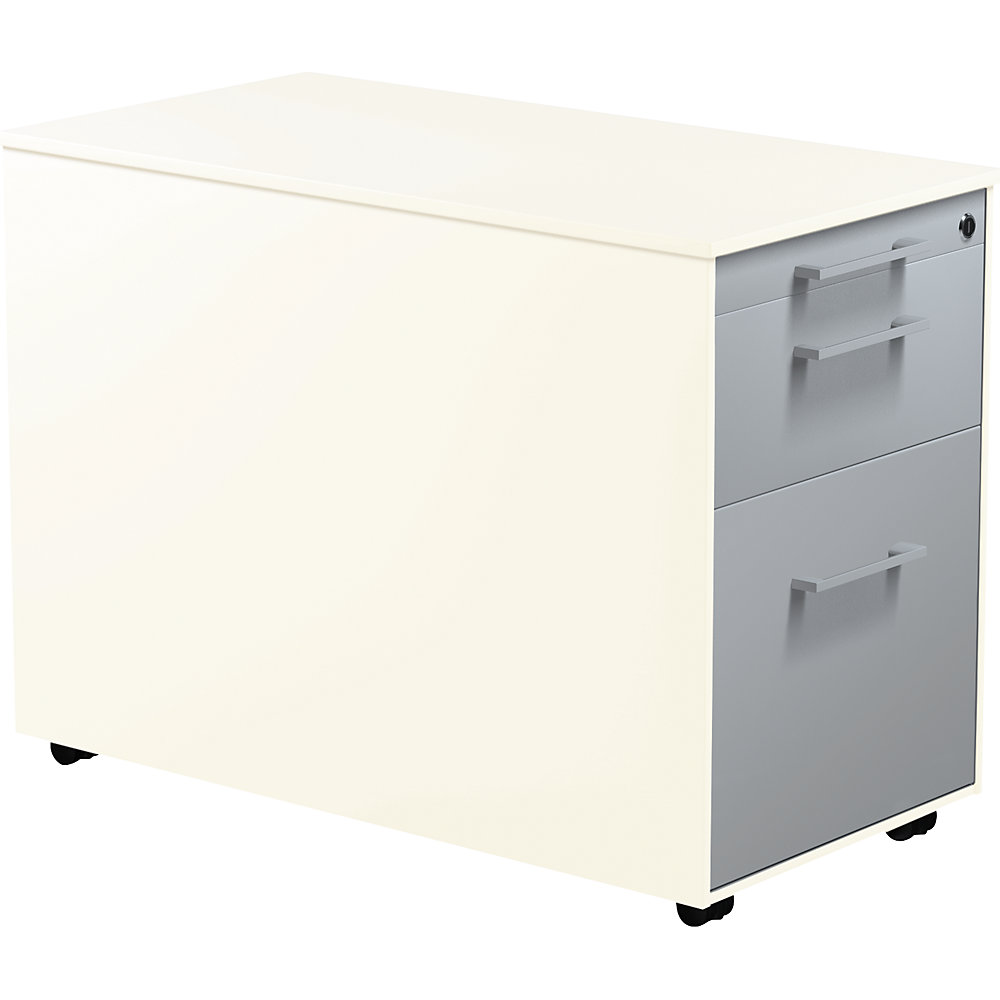 Mauser Verrijdbaar ladeblok, h x d = 570 x 800 mm, 1 materiaallade, 1 hangmappenlade, zuiver wit / blank aluminiumkleurig / zuiver wit