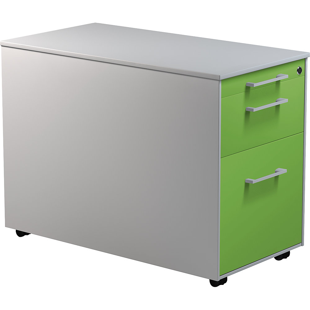 Mauser Verrijdbaar ladeblok, h x d = 570 x 800 mm, 1 materiaallade, 1 hangmappenlade, blank aluminiumkleurig / geelgroen / blank aluminiumkleurig