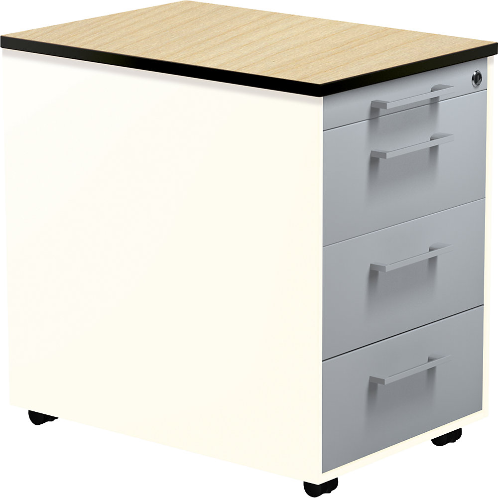 Mauser Verrijdbaar ladeblok, h x d = 573 x 600 mm, 3 laden, zuiver wit / blank aluminiumkleurig / ahornhoutdecor