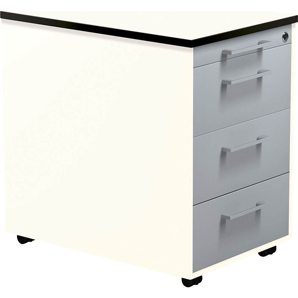 Mauser Verrijdbaar ladeblok, h x d = 573 x 600 mm, 3 laden, zuiver wit / blank aluminiumkleurig / wit