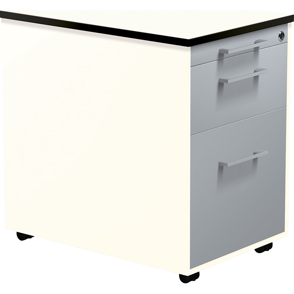 Mauser Verrijdbaar ladeblok, h x d = 573 x 600 mm, 1 materiaallade, 1 hangmappenlade, zuiver wit / blank aluminiumkleurig / wit
