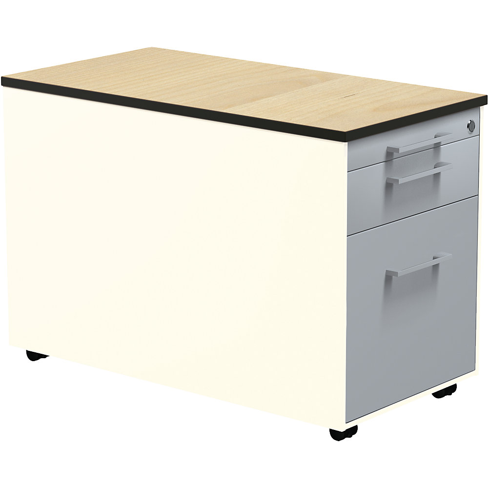 Mauser Verrijdbaar ladeblok, h x d = 523 x 800 mm, 1 materiaallade, 1 hangmappenlade, zuiver wit / blank aluminiumkleurig / ahornhoutdecor