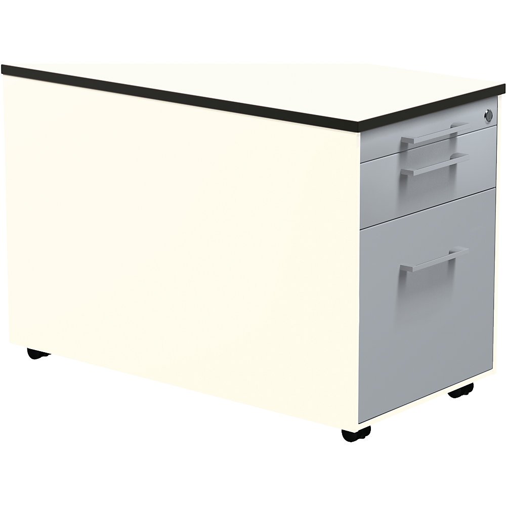 Mauser Verrijdbaar ladeblok, h x d = 523 x 800 mm, 1 materiaallade, 1 hangmappenlade, zuiver wit / blank aluminiumkleurig / wit