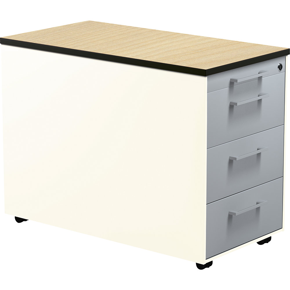 Mauser Verrijdbaar ladeblok, h x d = 573 x 800 mm, 3 laden, zuiver wit / blank aluminiumkleurig / ahornhoutdecor