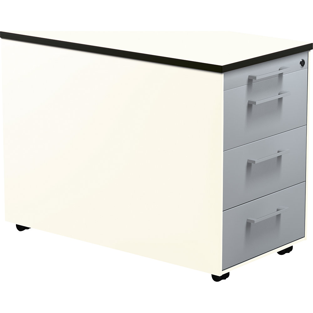 Mauser Verrijdbaar ladeblok, h x d = 573 x 800 mm, 3 laden, zuiver wit / blank aluminiumkleurig / wit
