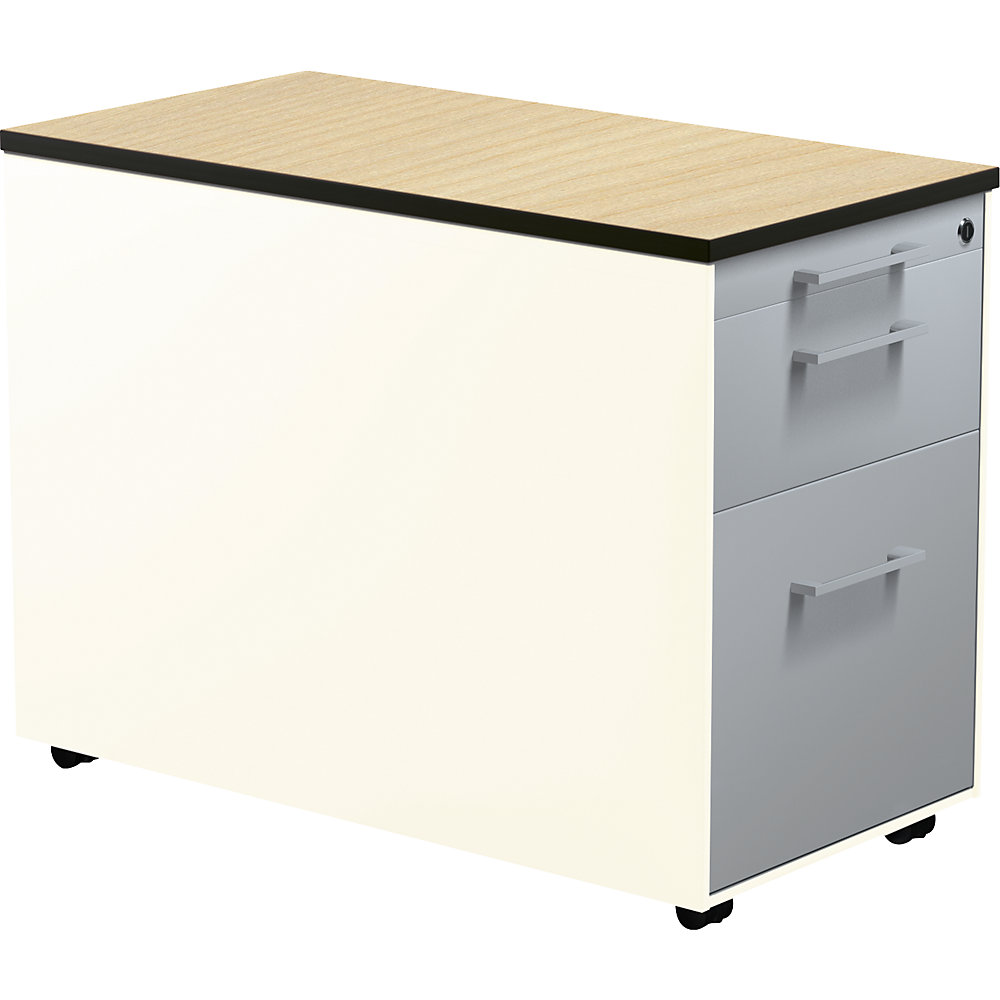 Mauser Verrijdbaar ladeblok, h x d = 573 x 800 mm, 1 materiaallade, 1 hangmappenlade, zuiver wit / blank aluminiumkleurig / ahornhoutdecor