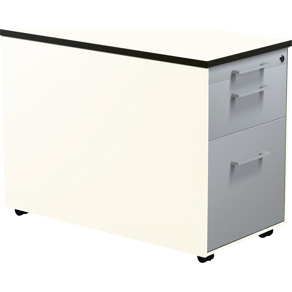 Mauser Verrijdbaar ladeblok, h x d = 573 x 800 mm, 1 materiaallade, 1 hangmappenlade, zuiver wit / blank aluminiumkleurig / wit