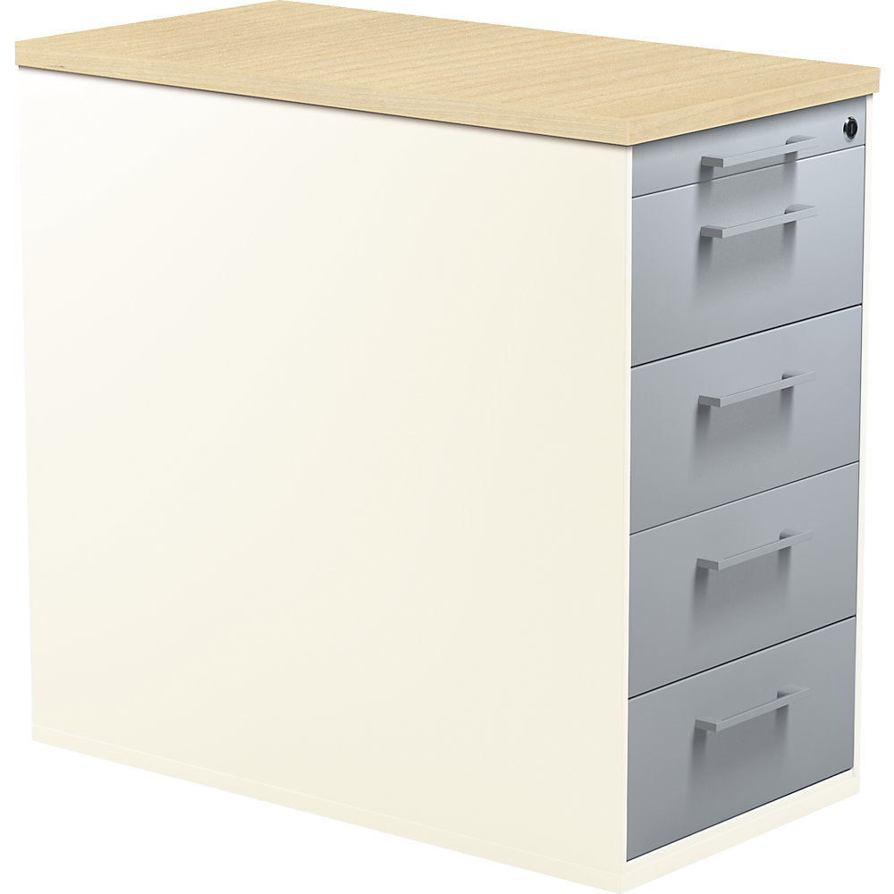 Mauser Ladecontainer met sokkel, hoogte 720 mm, kunststof blad, 4 laden, zuiver wit / blank aluminiumkleurig / ahornhoutdecor