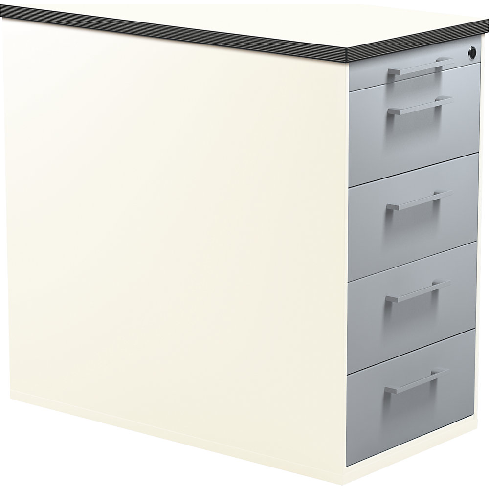 Mauser Ladecontainer met sokkel, hoogte 720 mm, kunststof blad, 4 laden, zuiver wit / blank aluminiumkleurig / wit