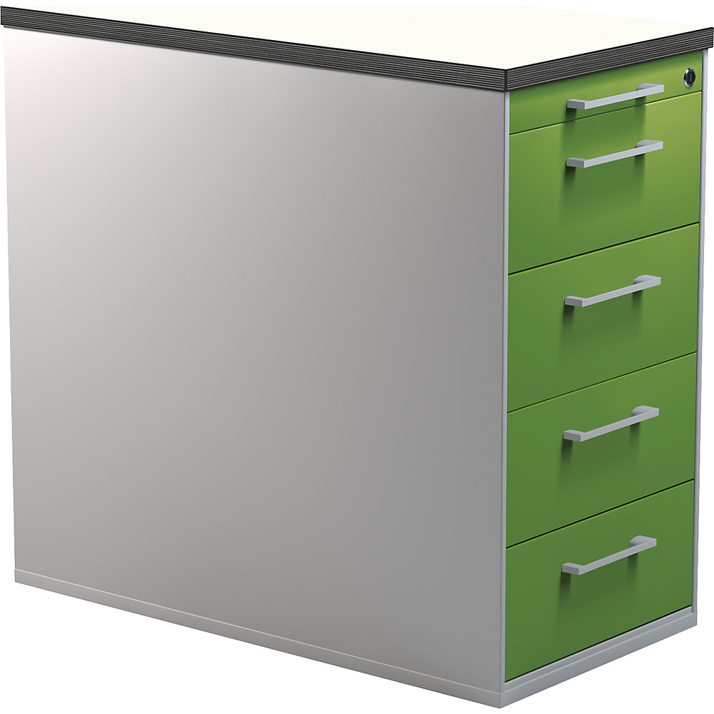 Mauser Ladecontainer met sokkel, hoogte 720 mm, kunststof blad, 4 laden, blank aluminiumkleurig / geelgroen / wit
