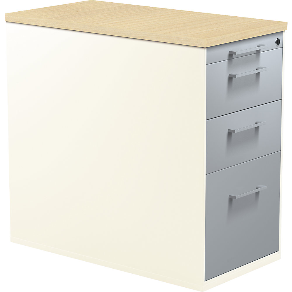 Mauser Ladecontainer met sokkel, hoogte 720 mm, 2 materiaalladen, 1 hangmappenlade, zuiver wit / blank aluminiumkleurig / ahornhoutdecor