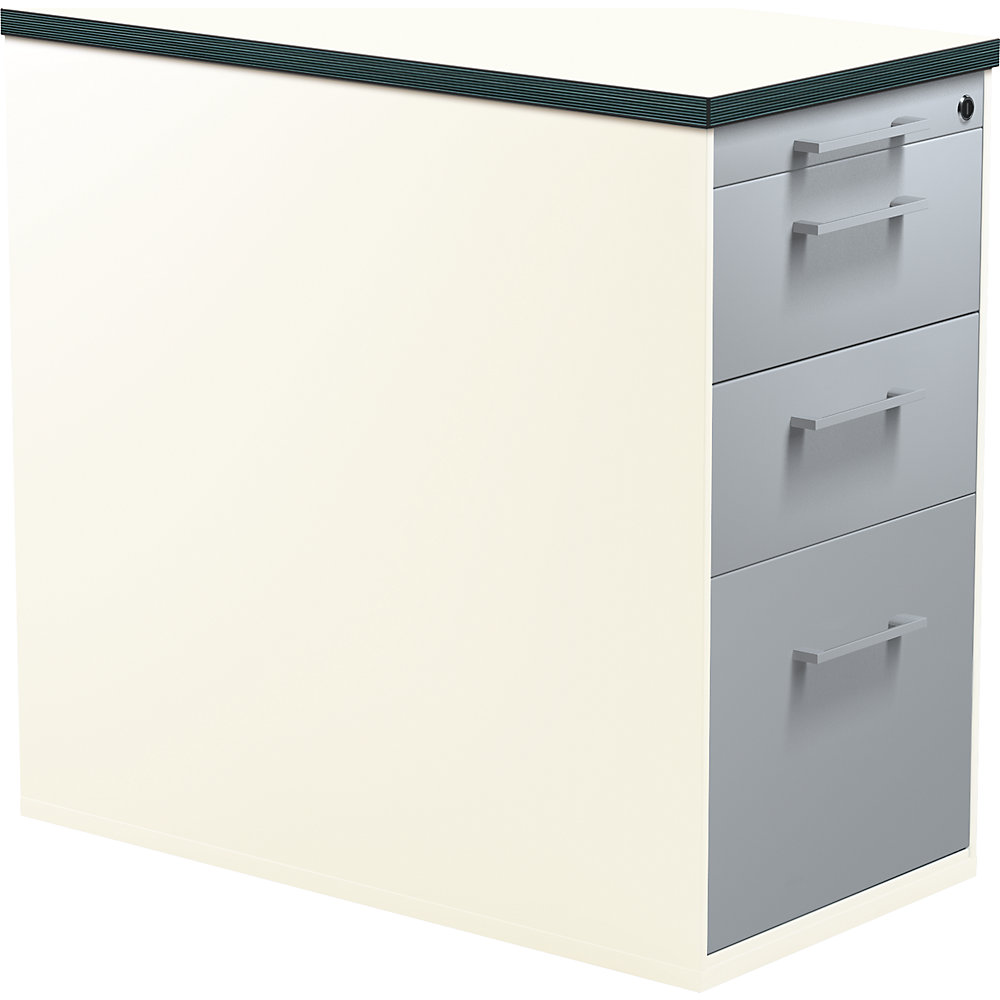 Mauser Ladecontainer met sokkel, hoogte 720 mm, 2 materiaalladen, 1 hangmappenlade, zuiver wit / blank aluminiumkleurig / wit