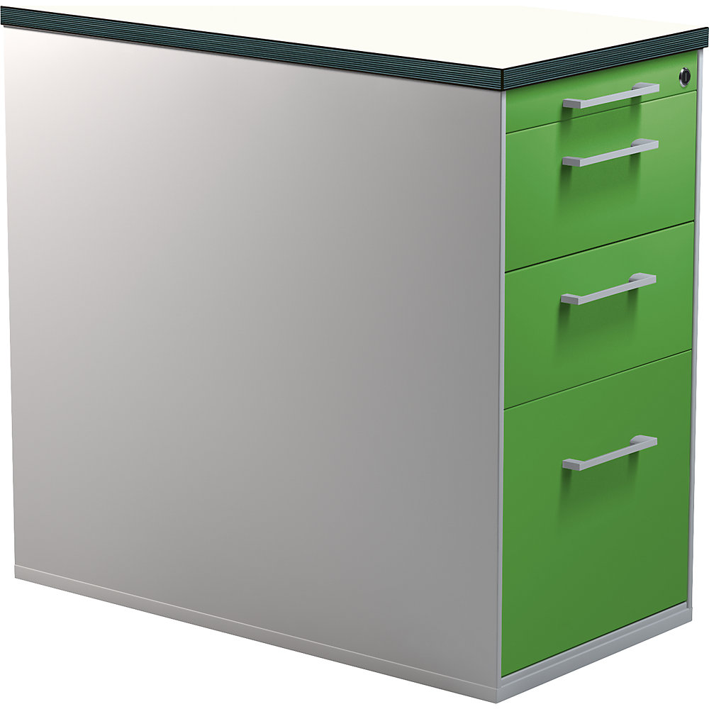 Mauser Ladecontainer met sokkel, hoogte 720 mm, 2 materiaalladen, 1 hangmappenlade, blank aluminiumkleurig / geelgroen / wit