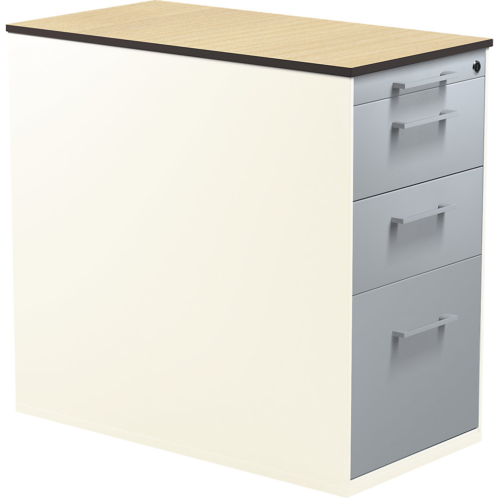 Mauser Ladecontainer met sokkel, hoogte 708 mm, 2 materiaalladen, 1 hangmappenlade, zuiver wit / blank aluminiumkleurig / ahornhoutdecor