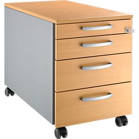 Schäfer Shop Select Schäfer Shop Pure mobiele container 1233, 3 laden & 1 lade voor keukengerei, afsluitbaar, ronde handgrepen, B 435 x D 765 x H 577 mm, blank aluminium/wit aluminium/beuken