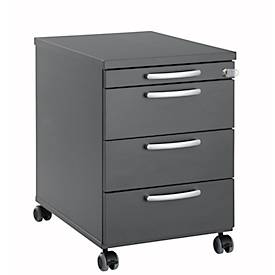 Verrijdbaar ladeblok 1333, 3 laden en 1 materiaallade, afsluitbaar, ronde grepen, hout/staal/kunststof, B 434 x D 600 x H 613 mm, grafiet