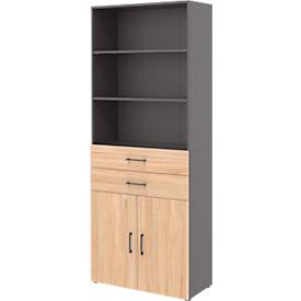 Home Office combinatiekast TEMPIO, van hout, 2 deuren, 2 laden, 6 OH, B 800 x D 340 x H 2130 mm, antraciet/hickory eik