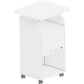 BEXXSTAR mobiele sokkel, 2 legborden, 1 afsluitbaar vak met handgreep, bovenblad, zwenkwielen, B 700 x D 630 x H 1130 mm, hout, wit