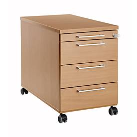 Verrijdbaar ladeblok 1333, 3 laden en 1 materiaallade, afsluitbaar, hoekige grepen, hout/staal/kunststof, B 434 x D 600 x H 613 mm, beuken-decor