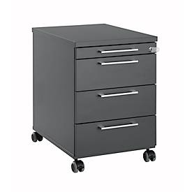Verrijdbaar ladeblok 1333, 3 laden en 1 materiaallade, afsluitbaar, hoekige grepen, hout/staal/kunststof, B 434 x D 600 x H 613 mm, grafiet