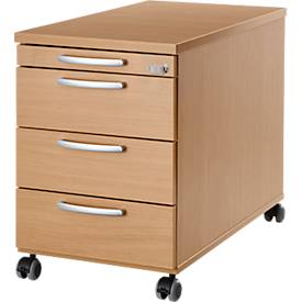 Verrijdbaar onderstel 1333, 3 laden en 1materiaallade,, afsluitbaar, ronde grepen, hout/staal/kunststof, B 434 x D 800 x H 613 mm, beuken afwerking