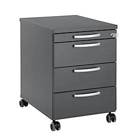 Verrijdbaar onderstel 1333, 3 laden en 1materiaallade, afsluitbaar, ronde grepen, hout/staal/kunststof, B 434 x D 800 x H 613 mm, grafiet