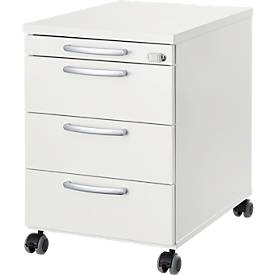 Verrijdbaar onderstel 1333, 3 laden en 1materiaallade, afsluitbaar, ronde grepen, hout/staal/kunststof, B 434 x D 800 x H 613 mm, wit
