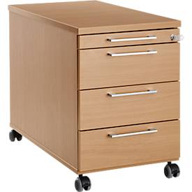 Verrijdbaar onderstel 1333, 3 laden en 1 materiaallade, afsluitbaar, hoekige grepen, hout/staal/kunststof, B 434 x D 800 x H 613 mm, beuken-decor