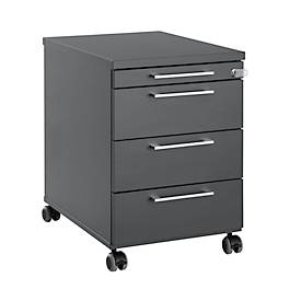 Verrijdbaar onderstel 1333, 3 laden en 1materiaallade, afsluitbaar, hoekige grepen, hout/staal/kunststof, B 434 x D 800 x H 613 mm, grafiet