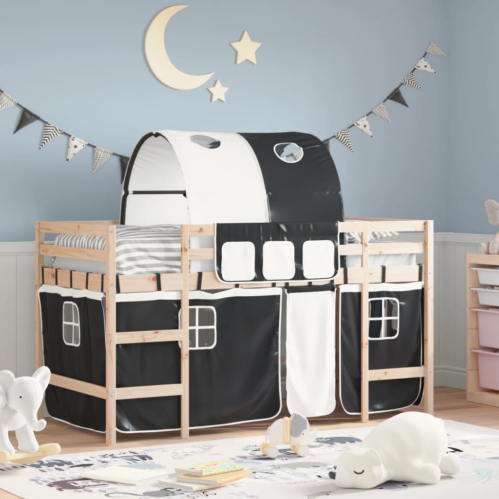 VidaXL Kinderhoogslaper met tunnel 80x200 cm grenenhout wit en zwart