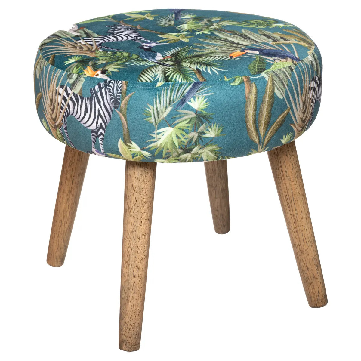 Atmosphera Bijzet krukje Jungle Boogie - groen - hout/stof - D38 x H40 cm - Meubels - Zitten -