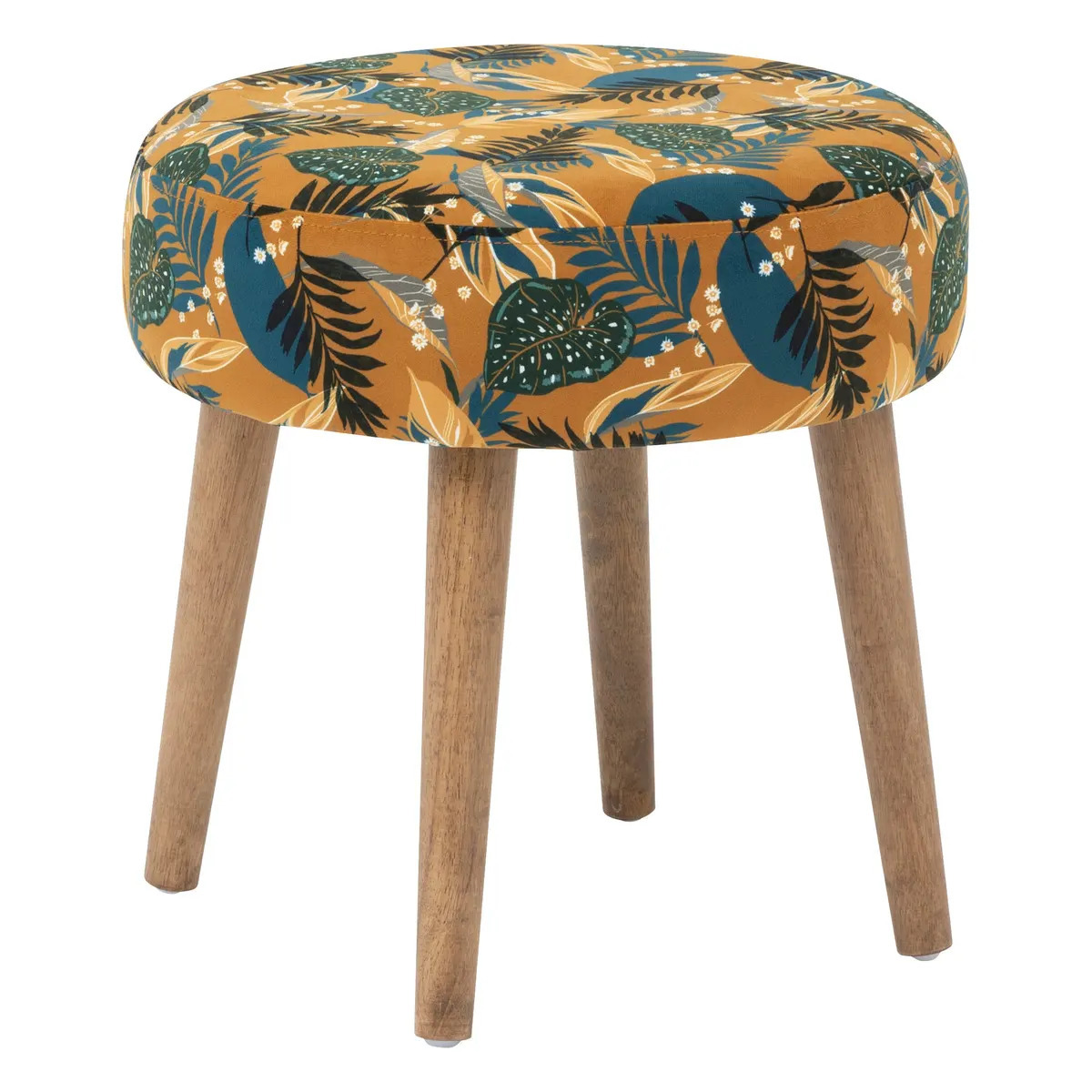 Atmosphera Bijzet krukje Jungle Boogie - okergeel - hout/stof - D38 x H40 cm - Meubels - Zitten -