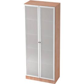 Archiefkast met glazen deuren ULM, 5 ordnerhoogten, B 800 x D 420 x H 2004 mm, notenhoutpatroon