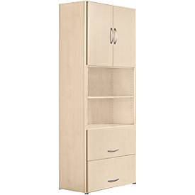 Combikast PALENQUE, 6 ordnerhoogten, houten deuren, hangmappenlade, B 800 x D 420 x H 2160 mm, esdoorn