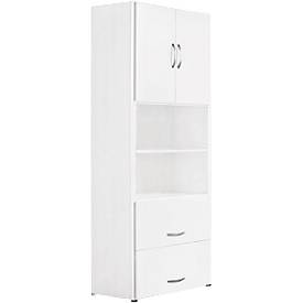 Combikast PALENQUE, 6 ordnerhoogten, houten deuren, hangmappenlade, B 800 x D 420 x H 2160 mm, wit