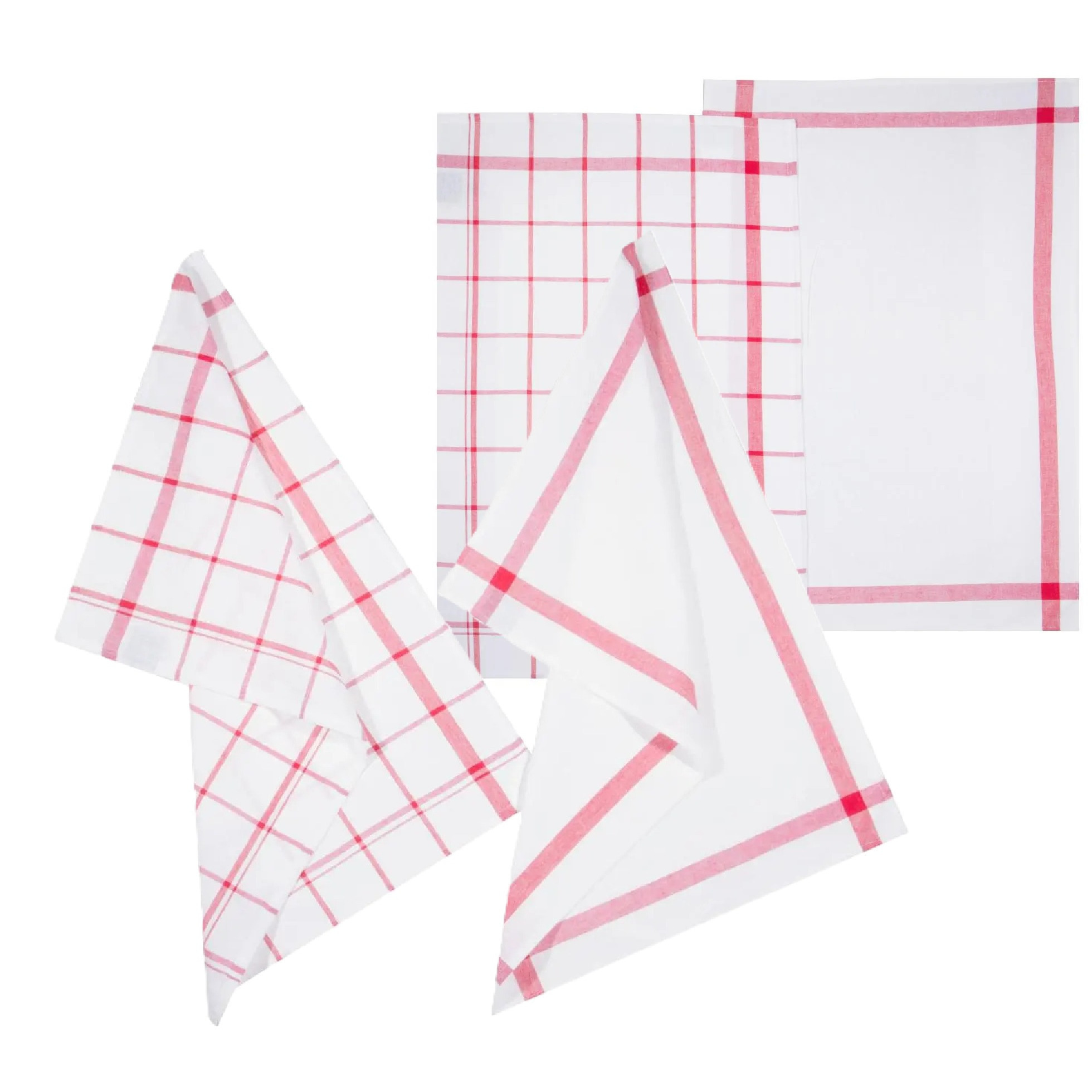 5five Theedoek Traditioneel - set van 4x stuks - rood/wit- motief - katoen - 70 x 45 cm -