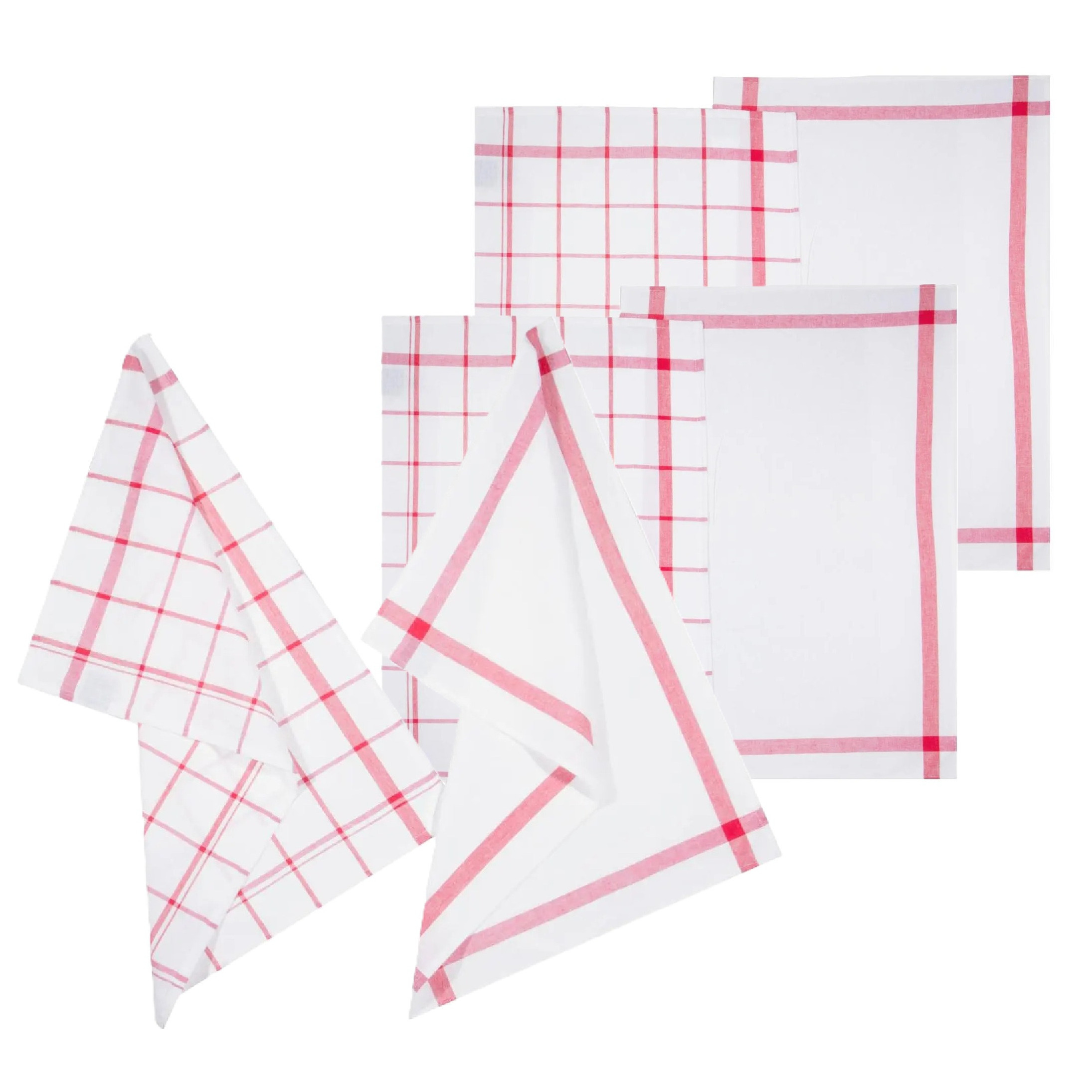 5five Theedoek Traditioneel - set van 6x stuks - rood/wit- motief - katoen - 70 x 45 cm -