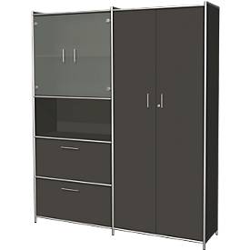 Combikast Toledo, met zicht-achterwand, 2 schuifladen, 5 ordnerhoogten afsluitbaar, B 1580 x D 380 mm, antraciet
