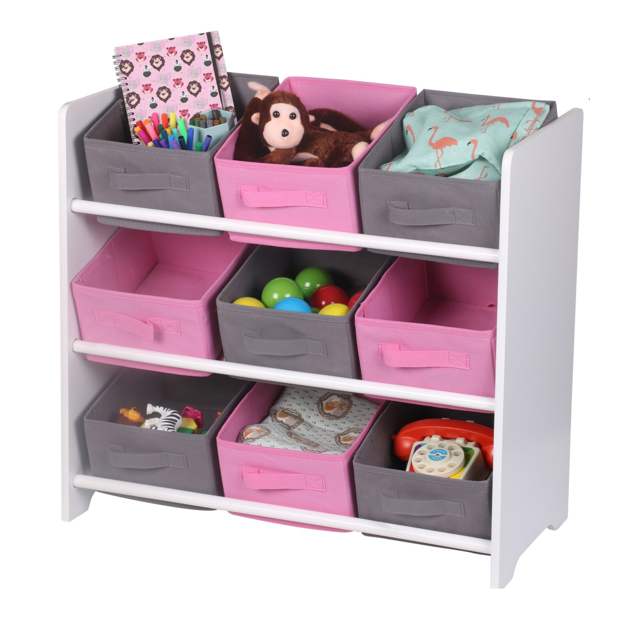 Urban Living Opbergrek 3-laags met bakken - roze - hout/stof - 63 x 30 x 60 cm - speelgoed - kinderkamer -