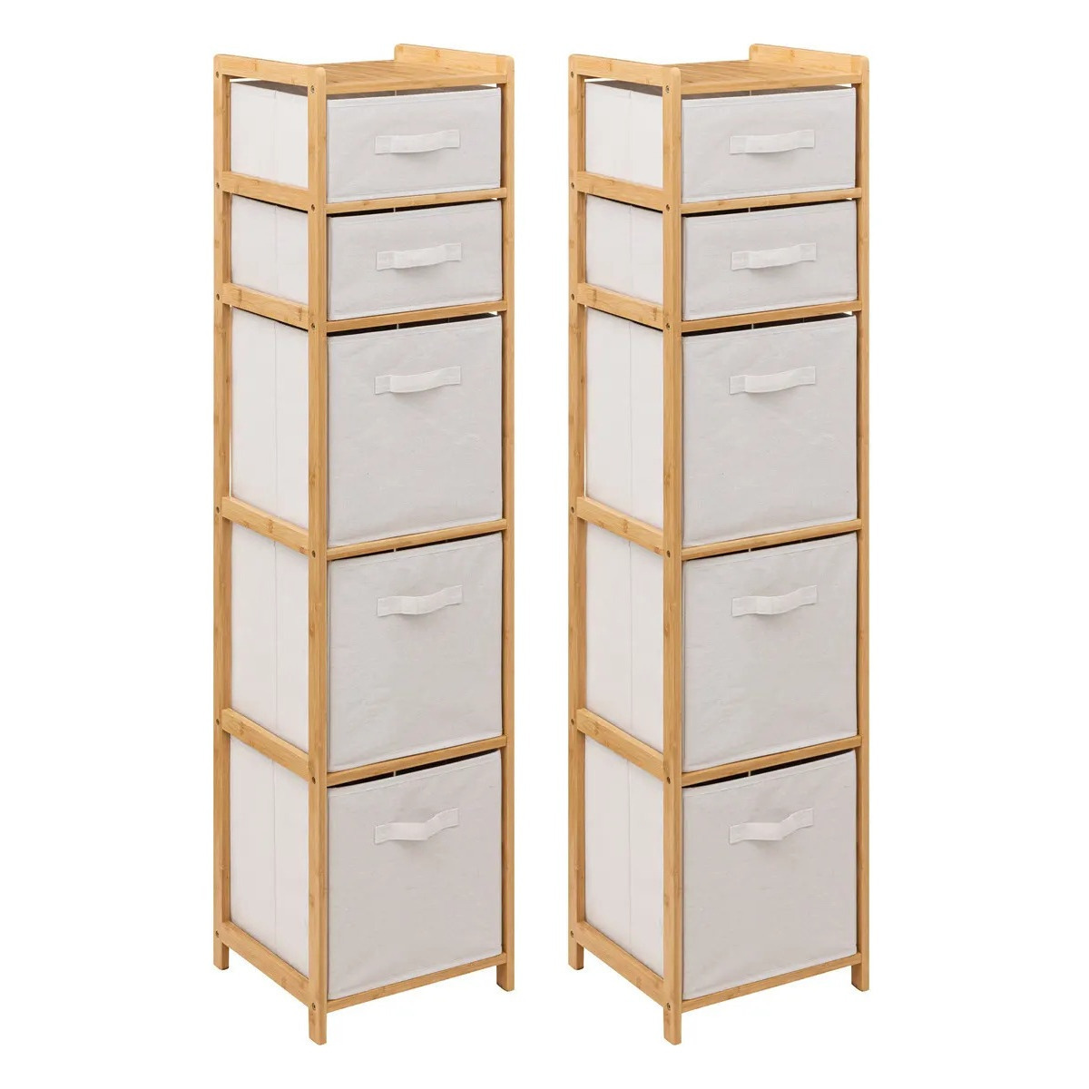 5five Opbergkast met 5 polyester manden - 2x - 5 lagen - bamboe - beige - 35 x 33 x 144 cm -