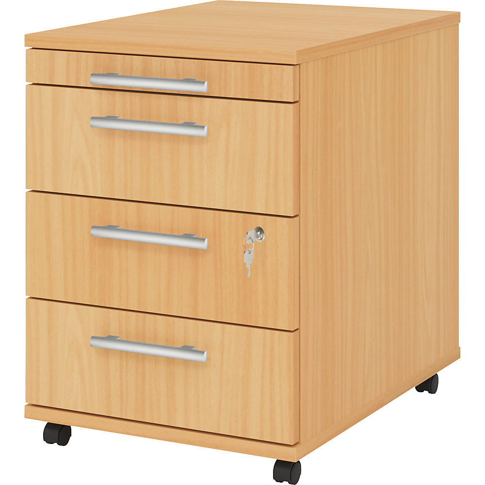 Verrijdbaar ladeblok, h x b x d = 590 x 428 x 580 mm, 3 laden, beukenhoutdecor