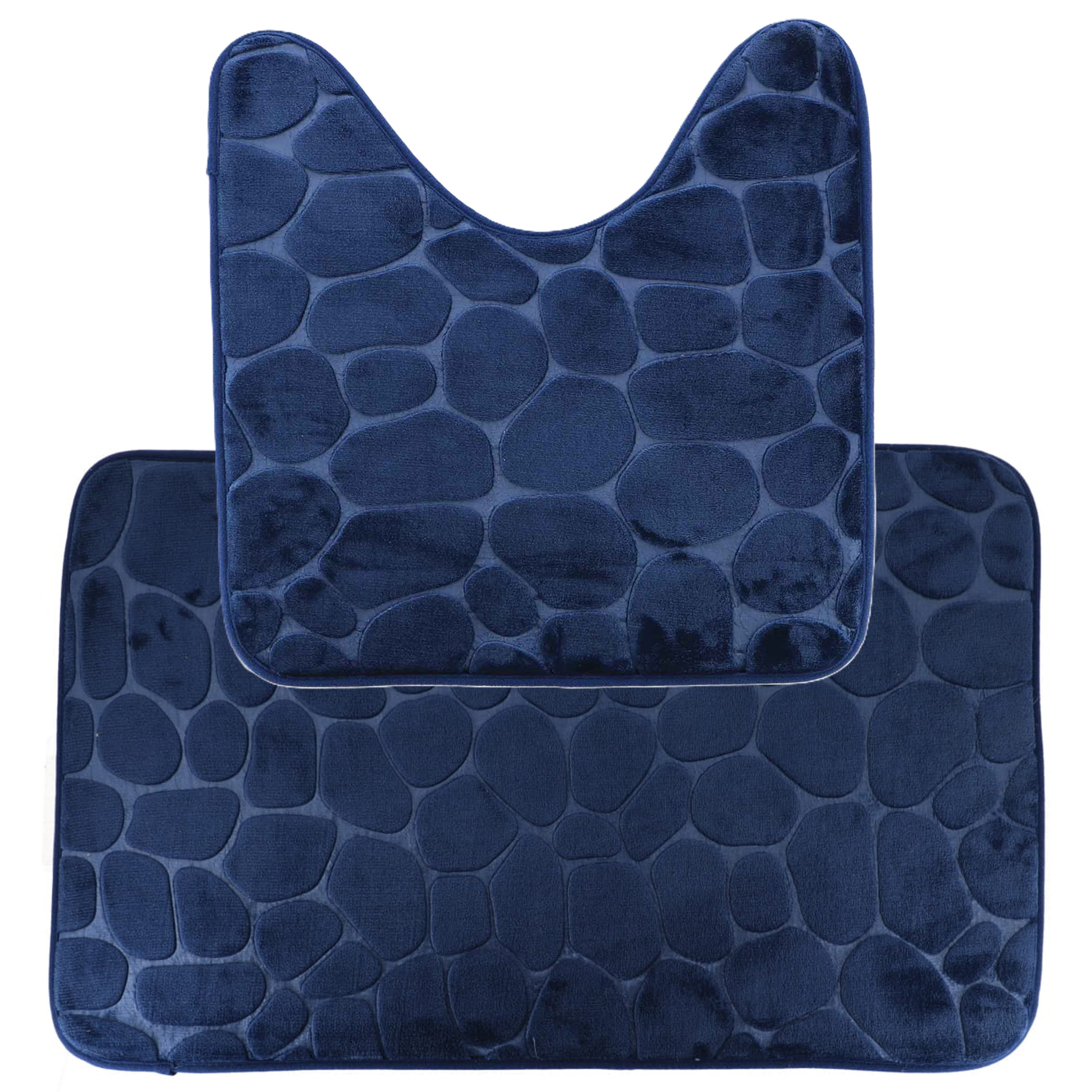 Tendance Badkamer Matten set Pebble - toilet en bad mat - donkerblauw - memory foam - microfiber -